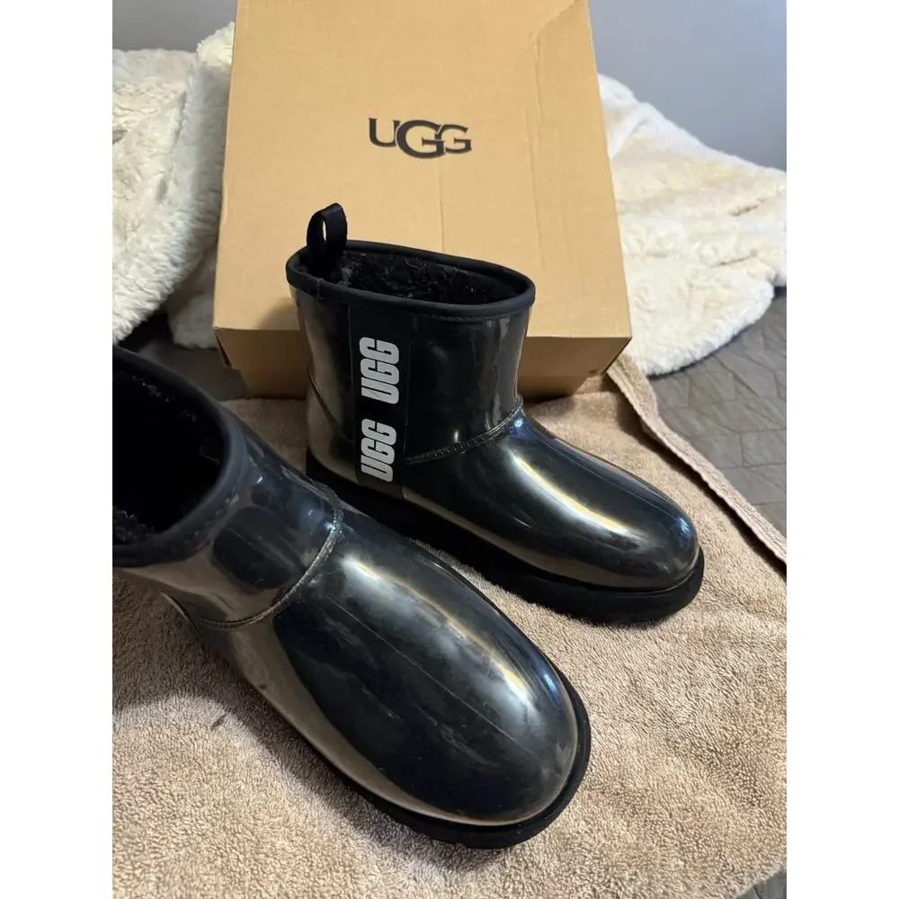 UGG Classic Clear Mini Black Waterproof Rubber Pull-On Ankle Rain Boots US 8